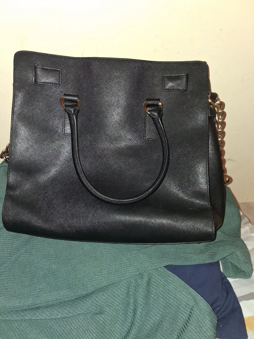Michael Kors Black Leather Tote with Gold Accent Charm